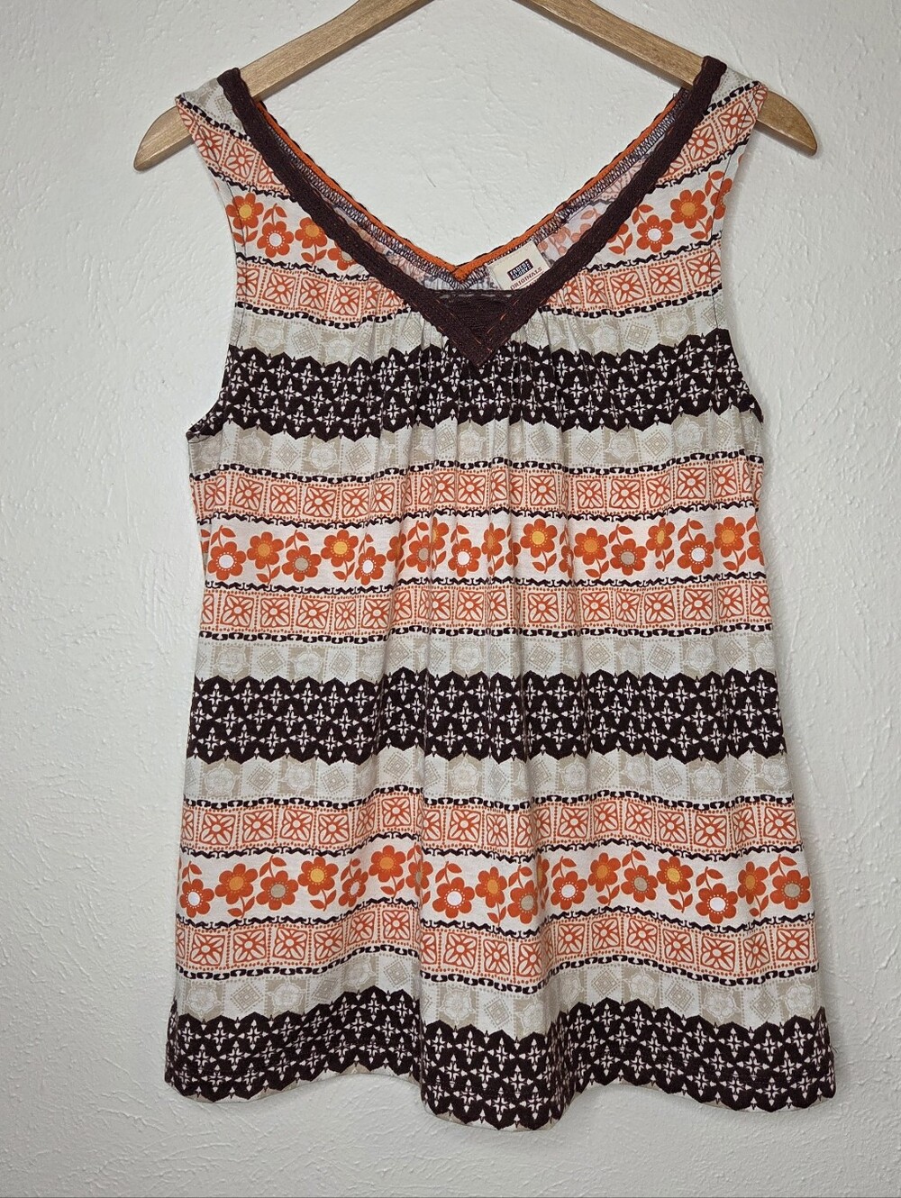 Y2K Faded Glory Daisy Swing Tank Top Brown Orange Size Small Boho Retro